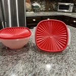 2 Vintage Tupperware Servalier Mixing Bowl Cup Frosted 836-3 Red Lid 837-5. Fixed Price $6.00.