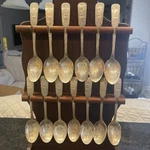 Thirteen Colonies Spoon Set With Display Rack, Patina Antique Plastic Trays. Fixed Price $29.99.