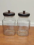 Vintage Anchor Hocking Square Glass Canister Set With Wood Lids & Rubber Gasket. Fixed Price $60.00.