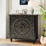 Elegant Black Accent Cabinet With Carved Flower Design And Ample Storage. Fixed Price $216.99.
