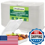 Freshware Compostable Clamshell Food Containers 9X9 3-COMPARTMENT 200-PACK. Fixed Price $95.34.
