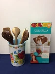 Pioneer Woman Sweet Rose Utensil Crock With 5 Dark Wooden Tools. Fixed Price $32.00.