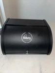 Metal Tin Bread Box Kitchen Storage Roll Top Lid Black 6.75 HX12 LX10.5 W. Fixed Price $24.00.