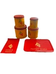 Childs Vintage Ohio Art Tin Toy Cherry Canister Set & Accessory 10 Pcs 1950S. Fixed Price $50.00.