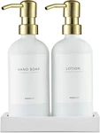 Maisonovo Soap Dispenser Set White Bottles With Gold Stainl Steel. Fixed Price $25.99.
