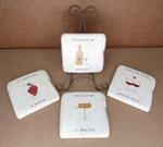 4 Pela Studio Wine Coaster Set + Rack Stand Funny Quotes Italian Stone Cork Back. Fixed Price $28.13.