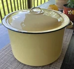 Vintage Enamelware Stock Pot Sunny Yellow Black Trim 11.5 X 7.5" W/lid Canning. Fixed Price $24.99.