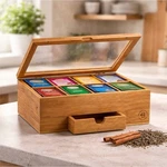 Bamboo Wood Tea Bag Organizer Box, 8 Compartments, Clear Glass Lid, Brown. Fixed Price $25.71.