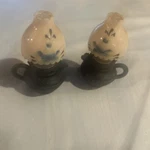 Vintage Metal Cast Iron Oil Lamp Salt And Pepper Shakers Pink Blue Flower. Fixed Price $10.00.