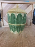 222 Fifth Yellow And Green Leaves 10" Canister / Cookie Jar Ceramic. Fixed Price $18.00.