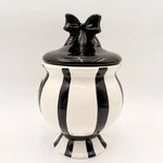 Petal & Pearl Black White Striped Ceramic Canister Bow Lid Hand Painted. Fixed Price $50.00.