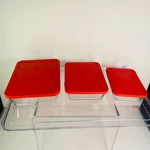 Lot 3 Pyrex 7212 7211 7210 Red Storage Container Lid Glass Dishes. Fixed Price $14.00.