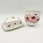 Park Chateau Pink Polka Dot Floral Rose Ceramic Bowls And Butter Dish Set 4PC. Fixed Price $50.00.