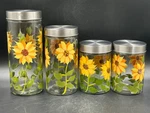 Set Of 4 Grant Howard Sunflower Hand Painted Glass Storage Jars. Fixed Price $49.00.