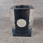 Vintage Acrylic Or Lucite Coin Pencil Holder 1971 Kennedy Dollar 4"X2.5". Fixed Price $24.99.