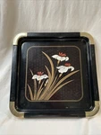 Vintage Japanese Lacquer Ware Tray Black W/white Iris Design 10.5" X 10.75". Fixed Price $12.00.