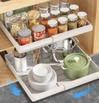 Domniu 2 Pack Pull Out Cabinet Organizers Expandable, Plastic Slide Drawer. Fixed Price $24.99.
