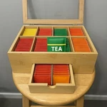 Bamboo Tea Box Organizer With Drawer & Clear Lid 8 Slots. Fixed Price $45.00.