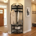 Narrow Metal Corner Coat Rack W/ Storage, Mesh Shelves & Movable Hooks For Home. Fixed Price $70.67.