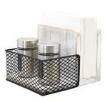 Rustic Whitewashed Wood Napkin Holder With Black Metal Mesh Spice Rack 2. Fixed Price $31.67.