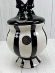 Petal & Pearl Black White Striped Ceramic Canister Bow Lid Hand Painted Jar. Fixed Price $42.95.