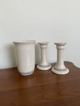 Set Of Pfaltzgraff Usa Aura Pink Candle Holders 6" & Vase/ Utensil 7 Euc. Fixed Price $35.00.