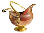 Antique Lion Heads Coal Scuttle, Helmet Style, Red Copper, Brass And Ceramic. Fixed Price $193.23.
