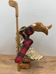 Handcarved Wooden Duck With Golfing Bag Club Plaid Scarf 9 Shelf Sitter. Fixed Price $18.00.