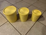 Vintage Set Of Tupperware Gold Canisters + Lids 809-8, 807-8, 811-3. Fixed Price $33.99.