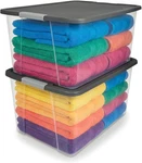 2-PACK Secure Latch, Clear Plastic Storage Organizer Bins, 64 Quart, Gray Lid. Fixed Price $117.99.