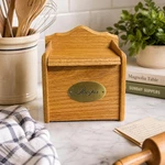 Vintage Oak Recipe Box: Hinged Lid, Brass Label Farmhouse Kitchen Storage. Fixed Price $25.00.