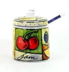 Jam Confiture Pot Jar + Lid & Spoon 4" Ceramic Uptown Market Msc China C186. Fixed Price $6.98.