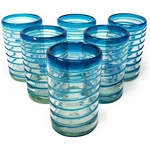 Dos Sueos Hand Blown Mexican Drinking Glasses Set Of 6 W/ Aqua Spiral Design. Fixed Price $67.99.