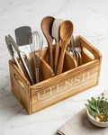 Large Wooden Kitchen Utensil Holder Wall Mount 3 Compartment Rustic Organizer. Fixed Price $33.78.