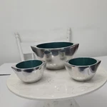 J. Walsh Design Ideas Mexico Set Of 3 Silver Metal Green Walnut Condiment Bowls. Fixed Price $38.00.