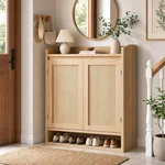 Stylish Rattan Shoe Cabinet - Natural Oak Storage Organizer With Adjustable Shel. Fixed Price $198.99.