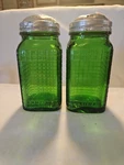Set Of 2 Green Cross Hatch Square Spice Jars With Tin Shaker Lids. Fixed Price $40.00.