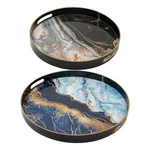 Benjara Set Of 2 Round Decorative Trays- Tall Rims- Faux Marble- Blue/gold. Fixed Price $95.99.