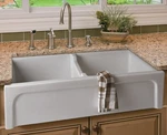 39" White Arched Apron Thick Wall Fireclay Double Bowl Farm Sink. Fixed Price $1369.01.