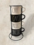 Rae Dunn Espresso Cafe Mug Set W/ Rack Black White Artisan Collection Nwot Htf. Fixed Price $32.50.