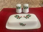 Christmas Holly Covered Butter Dish Gold Trim Fine China & Salt And Pepper Set. Fixed Price $19.95.