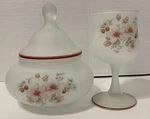 Viking Glass Satin Floral Transfer Lidded Jar & Goblet Set. Fixed Price $29.99.