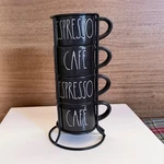 Rae Dunn Espresso Cup Set With Metal Rack Black Cafe Stacking Mugs 4PC Excellent. Fixed Price $40.00.