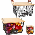 Xxl Big Size 2 Pack Stackable Wire Storage Baskets With Wood Lid- Kitchen C.... Fixed Price $53.05.