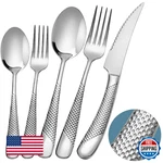 Runfly 20 Piece Hammered Silverware Set, 18/10 Stainless Steel Flatware Mod. Fixed Price $63.78.