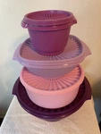 Vintage Tupperware Servalier Bowls Set Of 4 Purples And Pink, 3 Round 1 Square. Fixed Price $29.00.