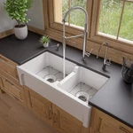 36" White Arched Apron Thick Wall Fireclay Double Bowl Farm Sink. Fixed Price $1196.47.