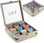 Moligou Wood Tea Box Organizer, Storage Chest With Glass Lid, 9 Compartments. Fixed Price $35.43.