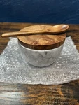 New Jalz Salt Box White Marble Base Wood Cover Keeper With Spoon. Fixed Price $15.00.