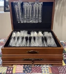 Wallace Grand Baroque Silver Flatware Set- Floral Handles Wooden Storage Case. Fixed Price $6800.00.